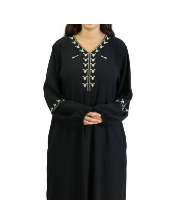Robe (Abaya) manches longues avec motifs et fermeture devant - Couleur Noir 