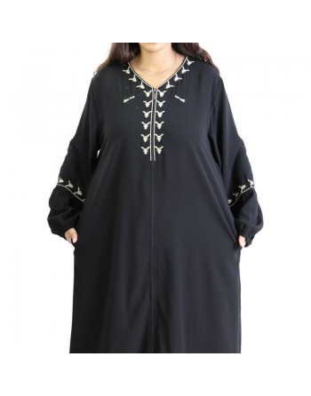 Robe (Abaya) manches longues avec motifs et fermeture devant - Couleur Noir 
