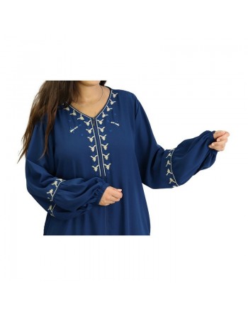 Robe (Abaya) manches longues avec motifs et fermeture devant - Couleur Noir 