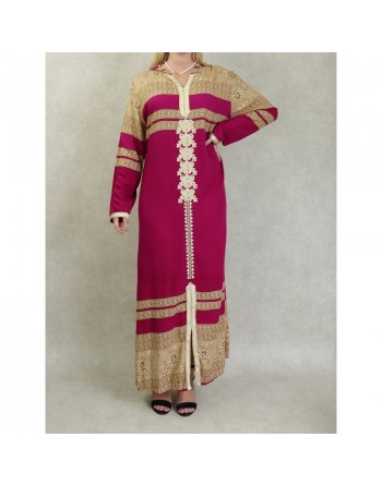 Robe longue style oriental à capuche avec broderie et strass pour femme - Couleur fuchsia 
