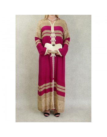 Robe longue style oriental à capuche avec broderie et strass pour femme - Couleur fuchsia 