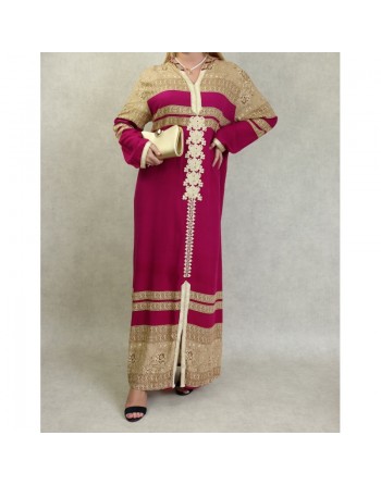 Robe longue style oriental à capuche avec broderie et strass pour femme - Couleur fuchsia 