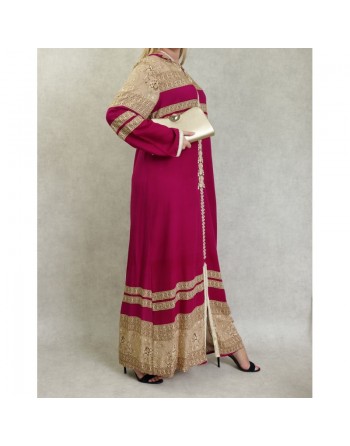 Robe longue style oriental à capuche avec broderie et strass pour femme - Couleur fuchsia 