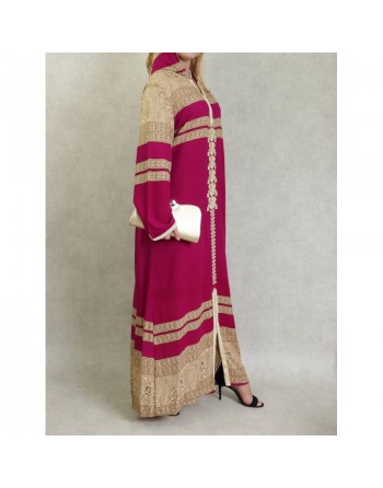 Robe longue style oriental à capuche avec broderie et strass pour femme - Couleur fuchsia 