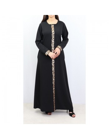 Robe maxi-longue avec strass motif léopard devant et sur les manches - Marque Amelis Paris pour femmes 