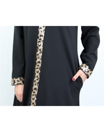 Robe maxi-longue avec strass motif léopard devant et sur les manches - Marque Amelis Paris pour femmes 