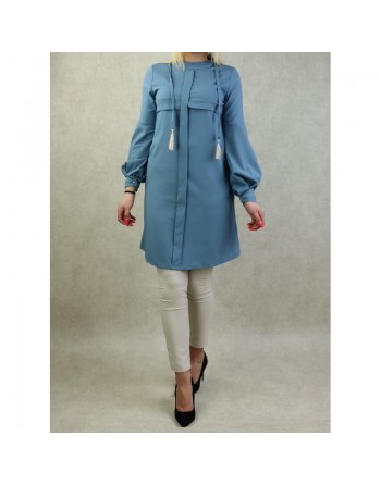 Tenue casual chic pour femme - Ensemble deux (2) pièces : Tunique et Pantalon Couleur Bleu et beige - Marque Amelis Paris 