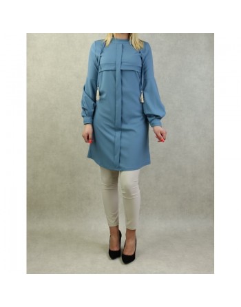 Tenue casual chic pour femme - Ensemble deux (2) pièces : Tunique et Pantalon Couleur Bleu et beige - Marque Amelis Paris 