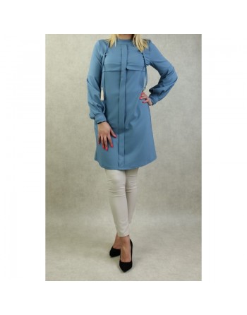 Tenue casual chic pour femme - Ensemble deux (2) pièces : Tunique et Pantalon Couleur Bleu et beige - Marque Amelis Paris 