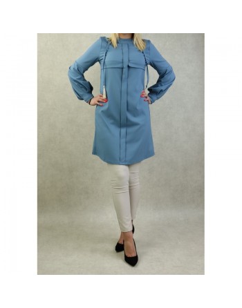 Tenue casual chic pour femme - Ensemble deux (2) pièces : Tunique et Pantalon Couleur Bleu et beige - Marque Amelis Paris 