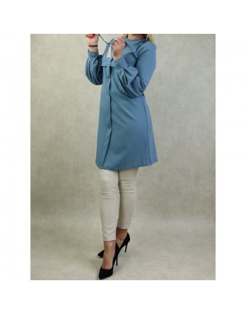 Tenue casual chic pour femme - Ensemble deux (2) pièces : Tunique et Pantalon Couleur Bleu et beige - Marque Amelis Paris 