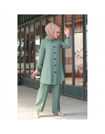 Chemise mi-longue fluide ample légèrement brillante (Chemises femme hijab mode islamique) - Couleur Vert amande 