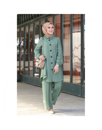 Chemise mi-longue fluide ample légèrement brillante (Chemises femme hijab mode islamique) - Couleur Vert amande 