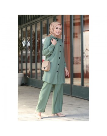 Chemise mi-longue fluide ample légèrement brillante (Chemises femme hijab mode islamique) - Couleur Vert amande 