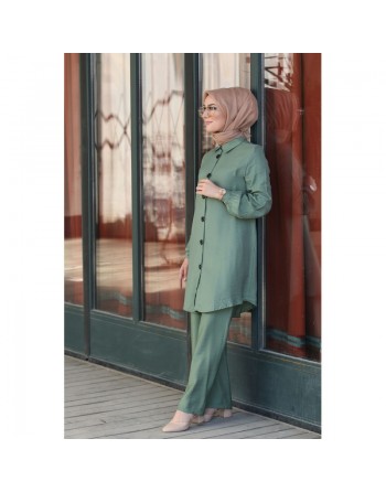 Chemise mi-longue fluide ample légèrement brillante (Chemises femme hijab mode islamique) - Couleur Vert amande 
