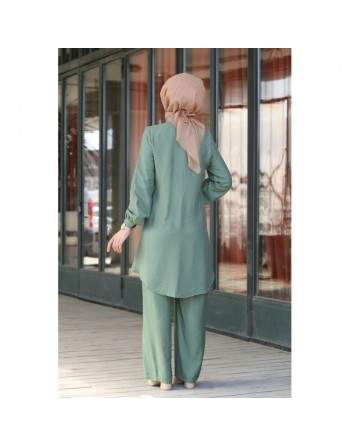 Chemise mi-longue fluide ample légèrement brillante (Chemises femme hijab mode islamique) - Couleur Vert amande 