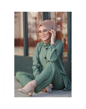 Chemise mi-longue fluide ample légèrement brillante (Chemises femme hijab mode islamique) - Couleur Vert amande 