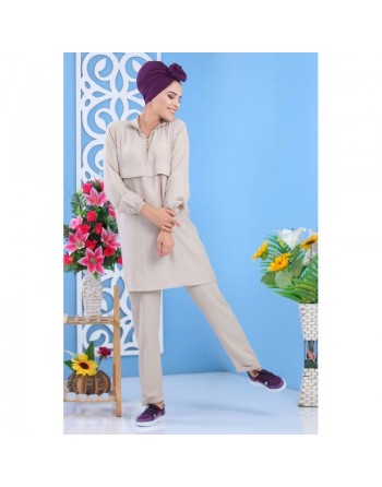 Ensemble décontracté sport femme 2 pièces : tunique + pantalon - Couleur beige 