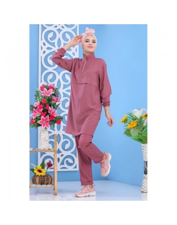 Ensemble décontracté sport pour femme (2 pièces : tunique + pantalon) - Couleur vieux rose 