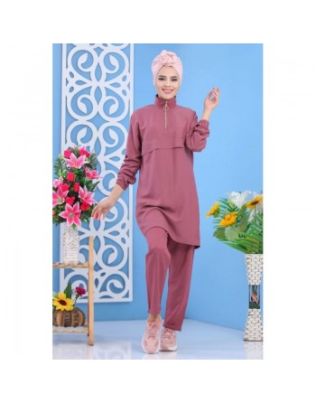Ensemble décontracté sport pour femme (2 pièces : tunique + pantalon) - Couleur vieux rose 