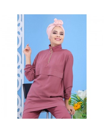 Ensemble décontracté sport pour femme (2 pièces : tunique + pantalon) - Couleur vieux rose 