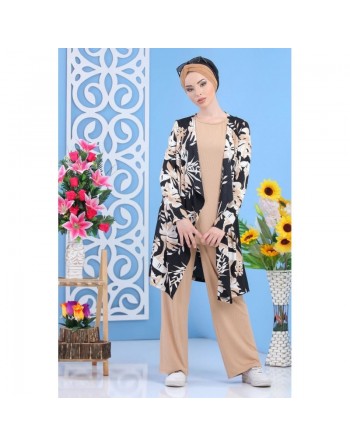 Ensemble décontracté 2 pièces tunique et gilet cousu + pantalon de couleur beige et noir 
