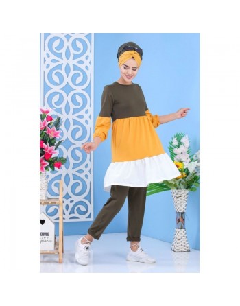 Ensemble 2 pièces Tunique + Pantalon de couleur kaki/jaune moutarde/blanc - Tenue décontractée ample pour femme 