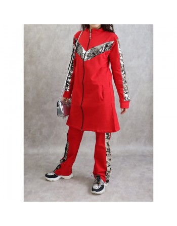 Ensemble Décontracté femme (Survêtement Sport Chic) 2 pièces (haut et pantalon) - Rouge clair avec partie argentée 