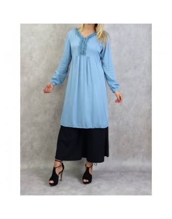 Tunique longue style bohème - Taille standard - Couleur bleu 