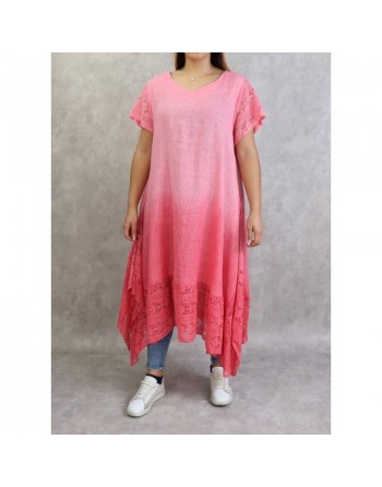 Robe d'été / Tunique longue et ample de couleur rose en dégradé (coton/lin - Grande taille pour femme) 