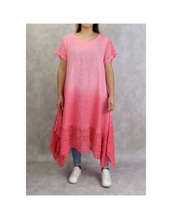Robe d'été / Tunique longue et ample de couleur rose en dégradé (coton/lin - Grande taille pour femme) 