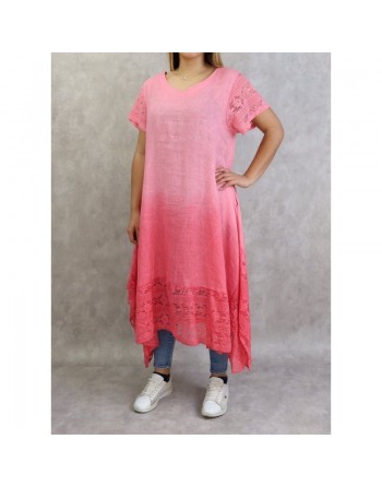 Robe d'été / Tunique longue et ample de couleur rose en dégradé (coton/lin - Grande taille pour femme) 