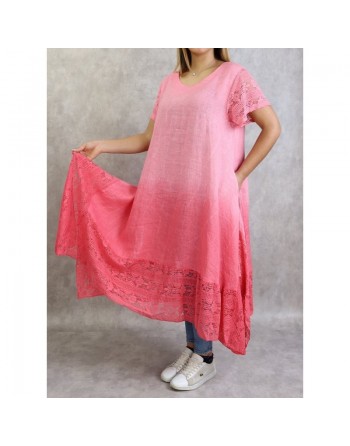 Robe d'été / Tunique longue et ample de couleur rose en dégradé (coton/lin - Grande taille pour femme) 