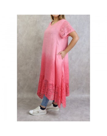 Robe d'été / Tunique longue et ample de couleur rose en dégradé (coton/lin - Grande taille pour femme) 