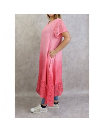 Robe d'été / Tunique longue et ample de couleur rose en dégradé (coton/lin - Grande taille pour femme) 