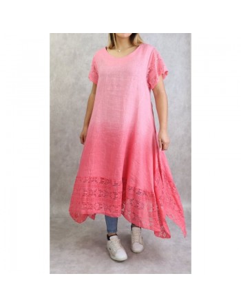 Robe d'été / Tunique longue et ample de couleur rose en dégradé (coton/lin - Grande taille pour femme) 