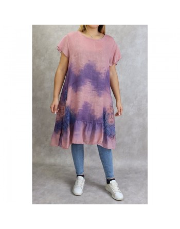 Tunique longue et ample délavée de couleur vieux rose et mauve (Coton et Lin - Grandes tailles pour femmes) 
