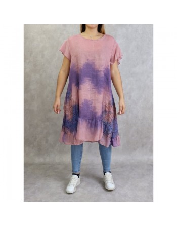 Tunique longue et ample délavée de couleur vieux rose et mauve (Coton et Lin - Grandes tailles pour femmes) 