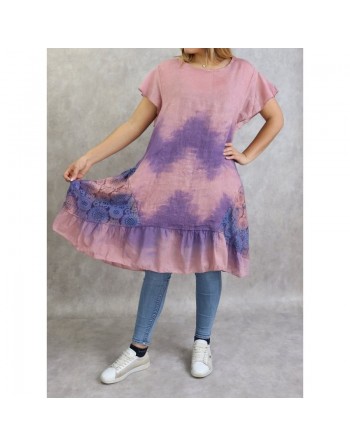 Tunique longue et ample délavée de couleur vieux rose et mauve (Coton et Lin - Grandes tailles pour femmes) 