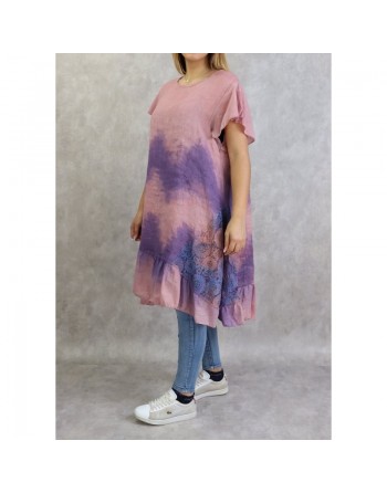Tunique longue et ample délavée de couleur vieux rose et mauve (Coton et Lin - Grandes tailles pour femmes) 