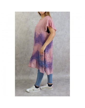 Tunique longue et ample délavée de couleur vieux rose et mauve (Coton et Lin - Grandes tailles pour femmes) 