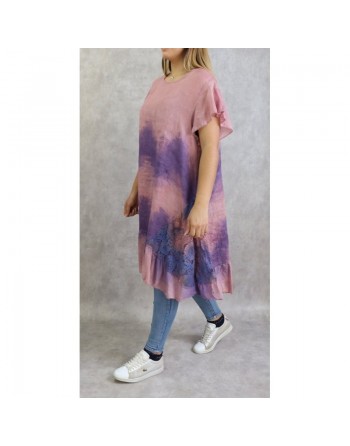 Tunique longue et ample délavée de couleur vieux rose et mauve (Coton et Lin - Grandes tailles pour femmes) 