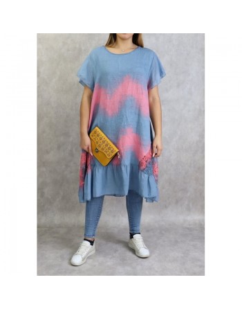 Robe dété / Tunique longue et ample délavée de couleur bleu jean et rose (Coton et Lin - Grande taille pour femme) 
