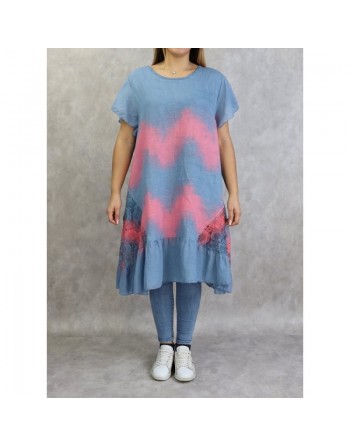 Robe dété / Tunique longue et ample délavée de couleur bleu jean et rose (Coton et Lin - Grande taille pour femme) 