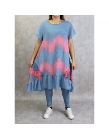 Robe dété / Tunique longue et ample délavée de couleur bleu jean et rose (Coton et Lin - Grande taille pour femme) 