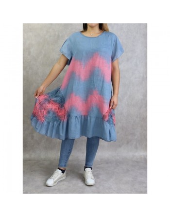Robe dété / Tunique longue et ample délavée de couleur bleu jean et rose (Coton et Lin - Grande taille pour femme) 