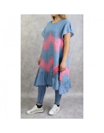 Robe dété / Tunique longue et ample délavée de couleur bleu jean et rose (Coton et Lin - Grande taille pour femme) 