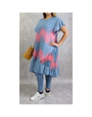 Robe dété / Tunique longue et ample délavée de couleur bleu jean et rose (Coton et Lin - Grande taille pour femme) 