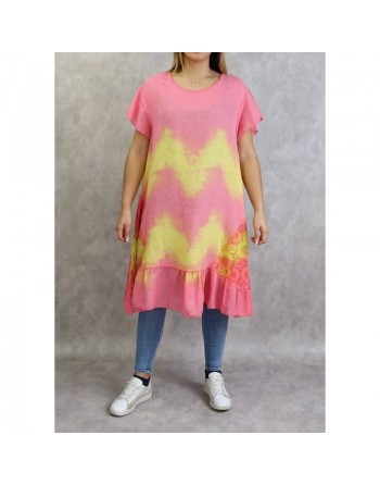 Robe été - Tunique longue et ample délavée de couleur rose et jaune (Coton et Lin - Grande taille pour femme) 