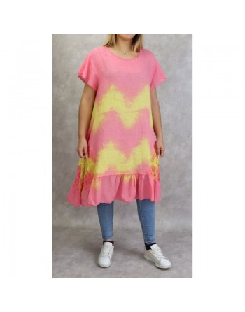 Robe été - Tunique longue et ample délavée de couleur rose et jaune (Coton et Lin - Grande taille pour femme) 
